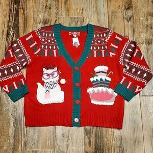 🔸️NWT 33 Degrees Red Kitty Cat Button Vneck Christmas Sweater Large